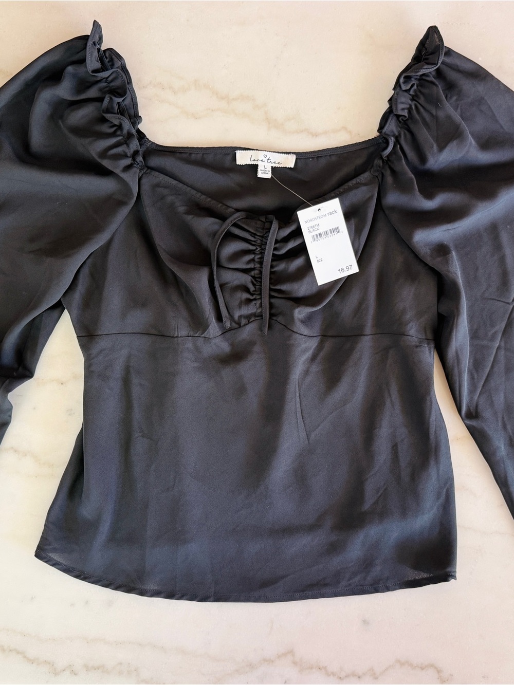 Love Tree Black Satin Puff-Sleeve Blouse